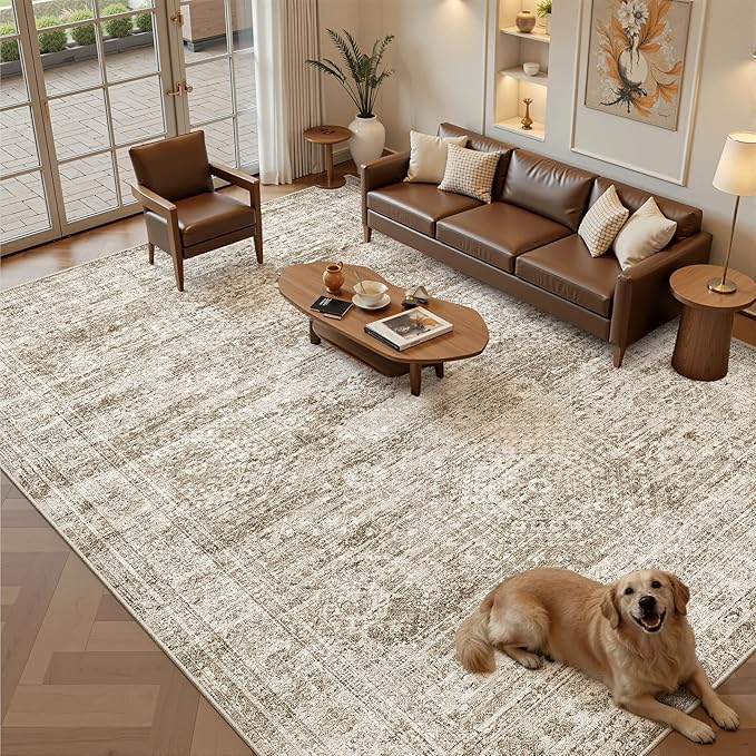 Soalmost Washable Area Rug 8x12, Large Soft Rugs for Living Room Vintage Brown Carpet 8x12 Area Rugs for Bedroom Dining Room Non-Slip Stain Resistant Under Table Rug