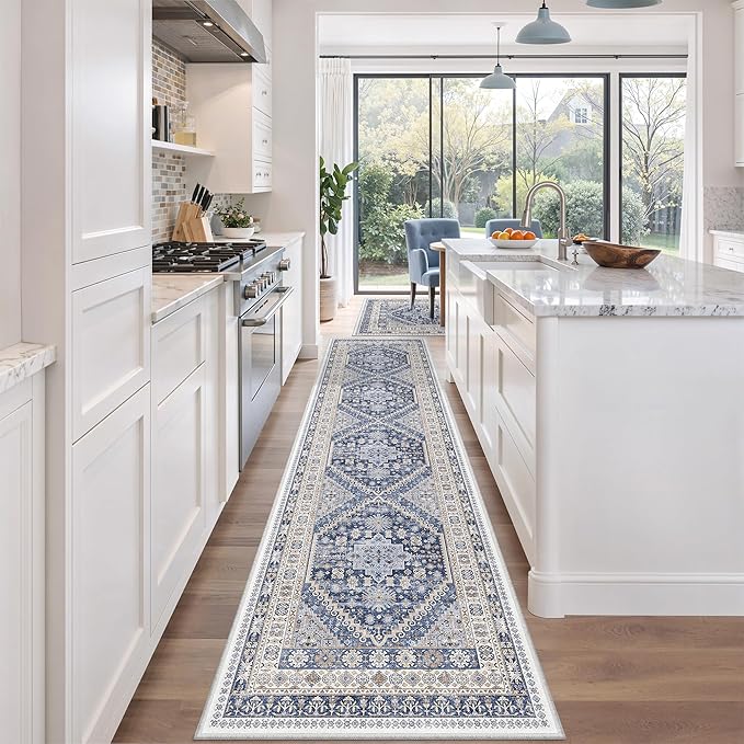 zesthome Washable Runner Rug 2.5x10 - Stain Resistant Entryway Rug,Ultra-Thin Kitchen Rugs, Anti Slip Backing Runner Rugs for Entrance Laundry Room Indoor Hallway (Blue/Beige,2.5'x10')