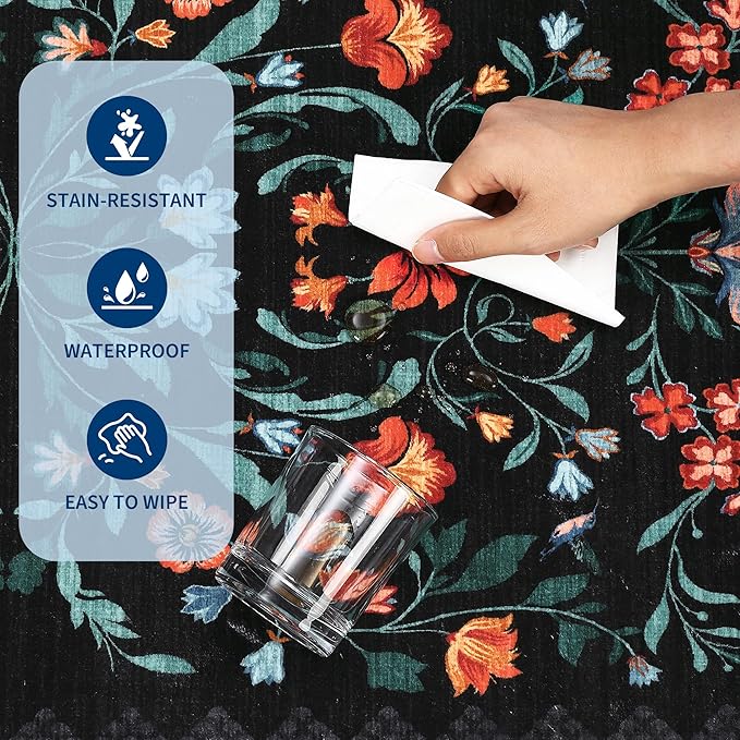GarveeHome Floral Rug 2.5x10 Runners for Hallways, Boho Kitchen Runner Rugs Non Slip Bath Runners, Vintage Washable Runner Rug for Bedroom, Soft Long Rugs for Entryway Bathroom Laundry Dorm, Black