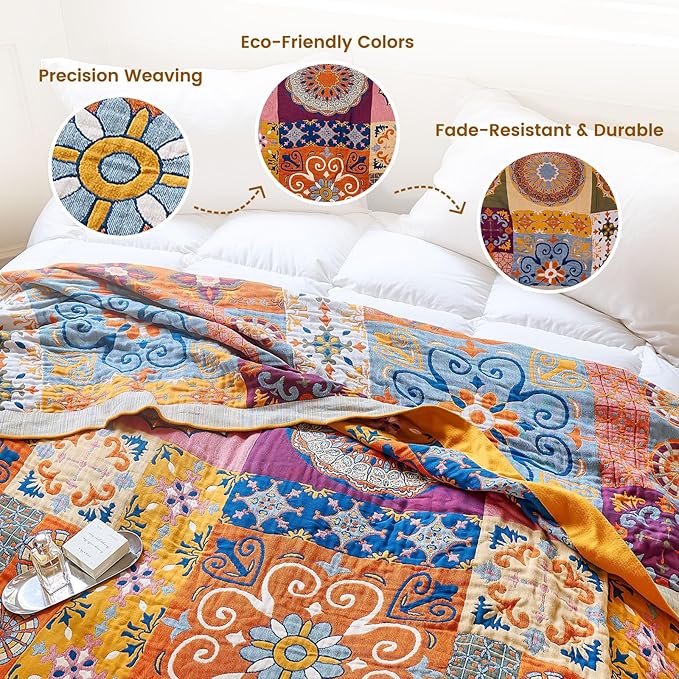 MSGKV Boho Throw Blanket for Bed 90"x90" 100% Cotton Blanket Spring Breathable Lightweight Queen Size Blankets Home Decor Muslin All Seasons