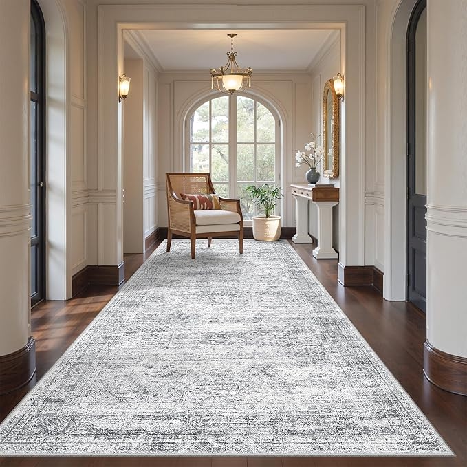 4x8 Rug for Bedroom,Wide Runner Rug for Hallway, Non Slip Washable Runner Rug for Living Room, Low Pile Soft Entryway Kitchen Rug, Modern Home Decor Mat for Dining Room(4'x8', Grey/Ivory)