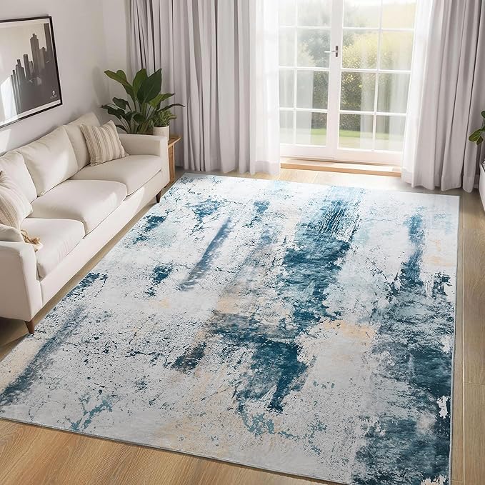 Ompaa Living Room Rug 5x8 Aqua Blue Area Rug Machine Washable Boho Rug Non Slip Abstract Vintage Indoor Large Rugs for Bedroom, Classroom, College Dorm, Farmhouse, Dining Room, Kids Playroom