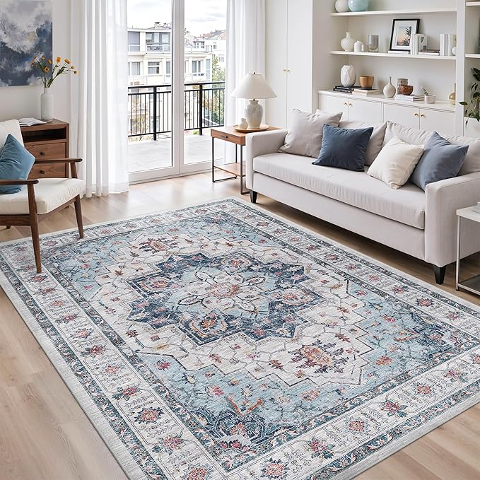 zesthome Washable Rug 5x7 Area Rugs,Stain Resistant Rugs for Living Room,Bedroom,Non-Slip Backing Home Decor Rug, Vintage Medallion Pattern Rugs (Blue,5'x7')