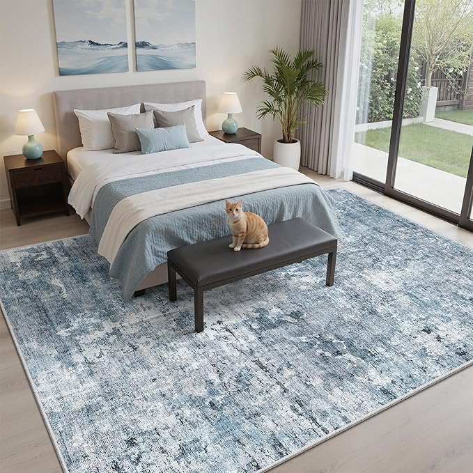5x8 Area Rugs Blue/Grey Low Pile Indoor Washable Trendy Faded Style Rugs for Bedroom Living Room Dining Room Foldable Non-Slip Thin Print Home Office Mat