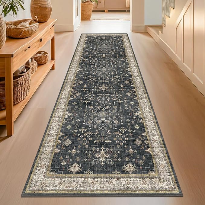 Dark Washable Long Runners for Hallways, 2'6"x8' Wide Kitchen Runner Rug, Entryway Indoor Rug, Non Slip Rubber Backing Boho Vintage Floor Decor, Ashen/Multi