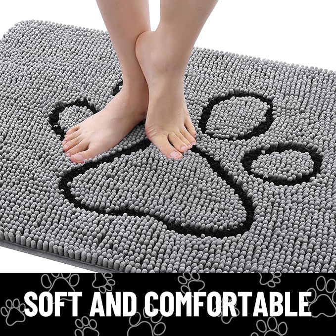 Smiry Dog Door Mat for Muddy Paws, Absorbent Dirt Trapper Non Slip Quick Dry Washable Chenille Mat for Mud Dogs, Entry Rug for Indoor and Outdoor (48x30 Inches, Grey and Black)