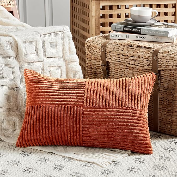Fancy Homi 2 Packs Burnt Orange Lumbar Decorative Throw Pillow Covers 20x28 Inch for Living Room Couch Bed Sofa, Farmhouse Boho Home Decor, Soft Striped Corduroy Rectangle Accent Cushion Case 50x70 cm