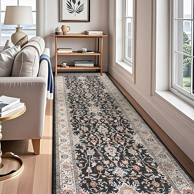 4x12 ft Wide Hallway Rug: Non-Slip Washable Vintage Long Carpet Runner for Kitchen Entryway Water Resistant Low-Pile Thin Floor Mat for Bedroom Living Room Dining Room Black Home Decor (Black, 4X12)