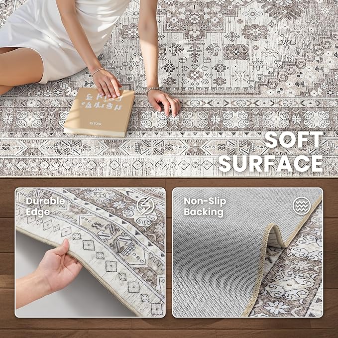 zesthome 2x3 Entryway Rug, Soft Washable Rugs, Non Slip Area Rug, Stain Resistant Low Pile Rugs for Bedroom, Vintage Rug for Door Mat, Kitchen (Brown/Beige,2'x3')
