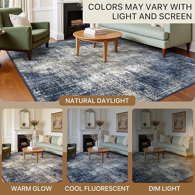 BEIMO Area Rugs 9x12 for Living Room Bedroom, Modern Abstract Machine Washable Rug, Large Soft Low Pile Floor Carpet with Non Slip Backing for Dining Room, Blue&Gray