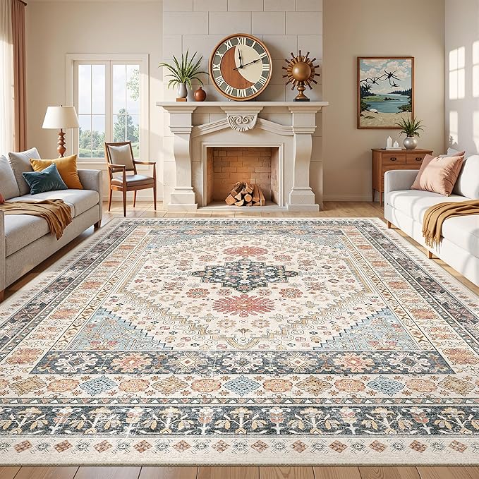Washable Rugs 8x10 Area Rugs for Living Room, Non-Slip Backing Large Rug for Nursery Room, Vintage Floral Bedroom Rugs, Thin Indoor Home Decor Soft Farmhouse Rug (Blue/Red/Multi,8'x10')