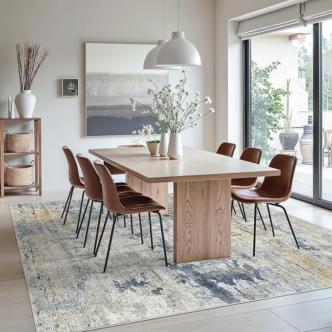 Abstract Rug 8x10 Large Living Room Rugs Neutral Modern Washable Area Rugs for Bedroom Dining Room Non-Slip Stain Resistant Foldable Thin Rug Blue Yellow