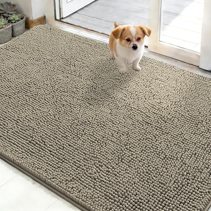 OLANLY Dog Door Mat for Muddy Paws 48x30, Absorbs Moisture and Dirt, Absorbent Non-Slip Washable Doormat, Quick Dry Chenille Mud Mat, Entry Indoor Entryway Carpet for Inside Floor, Warm Taupe