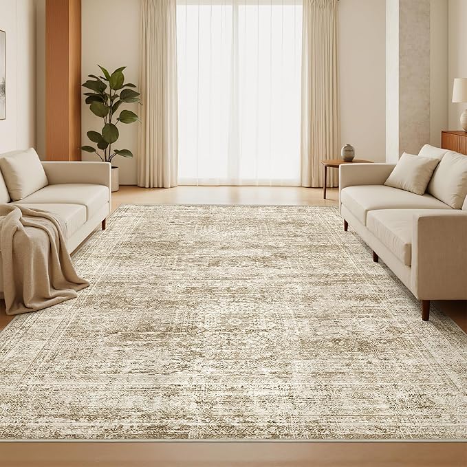 6x9 Rug for Living Room,Soft Low Pile Indoor Washable Rugs for Bedroom, Non-Slip Backing Vintage Large Area Rug, Printed Abstract Carpet(6'x9', Brown/Ivory)