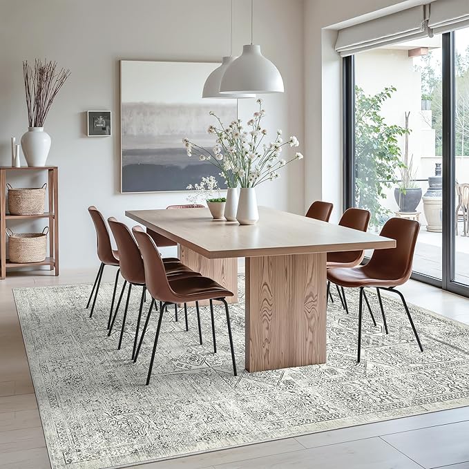 Washable Area Rug 8x10, Gray Soft Rug for Living Room Vintage 8x10 Area Rugs for Bedroom Dining Room Floral Non-Slip Thin Grey Rug