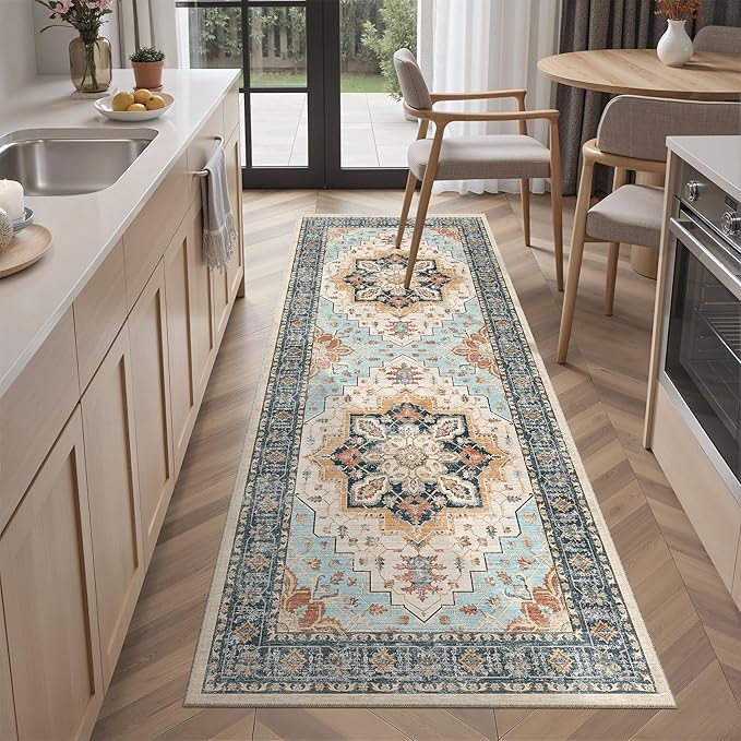 Madane Washable Runner Rug - 2x6 Rug Runners for Hallways 6 Foot Non Slip Vintage Kitchen Runner Rug Ultra-Thin Bathroom Runner Rugs Carpet Laundry Room Bedroom (2x6ft, Orange/Blue)
