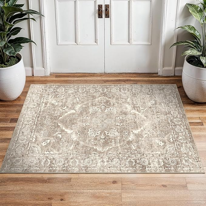 2x3 Entryway Area Rug Washable - Neutral Small Entry Rug Kitchen Rug Runner Vintage Soft Floor Mat Non Slip Indoor Farmhouse Carpet for Bedroom Bathroom Living Room (Beige)