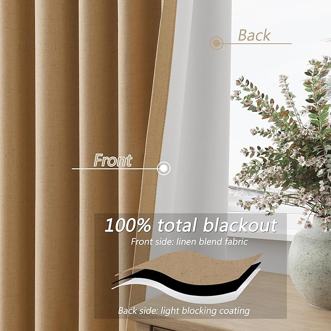 Guken 100% Blackout Linen Curtains 120 Inch Length 2 Panels Set for Living Room Bedroom Back Tab Thermal Insulated Black Out Linen Drapes Room Darkening Window Curtains,Camel Brown