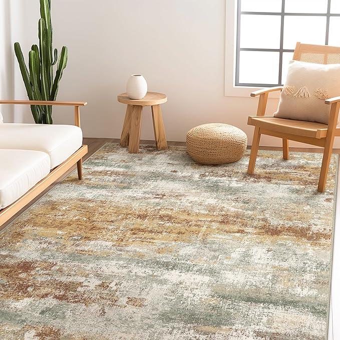 Area Rugs 5x7 for Living Room Bedroom, Modern Abstract Machine Washable Rug, Soft Low Pile Floor Cover with Non Slip Backing for Dining Room, Orange Green