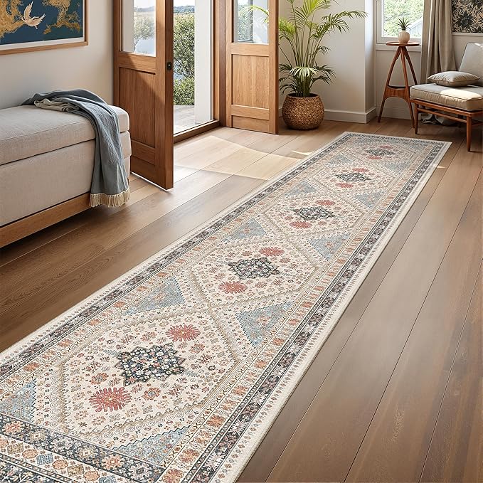 Hallway Runner Rug 2x12, Extra Long Washable Runner Rugs with Rubber Backing, Non Slip Runner, Vintage Rug Runners for Kitchen Laundry Room Entryway (Blue/Red/Multi,2'x12')