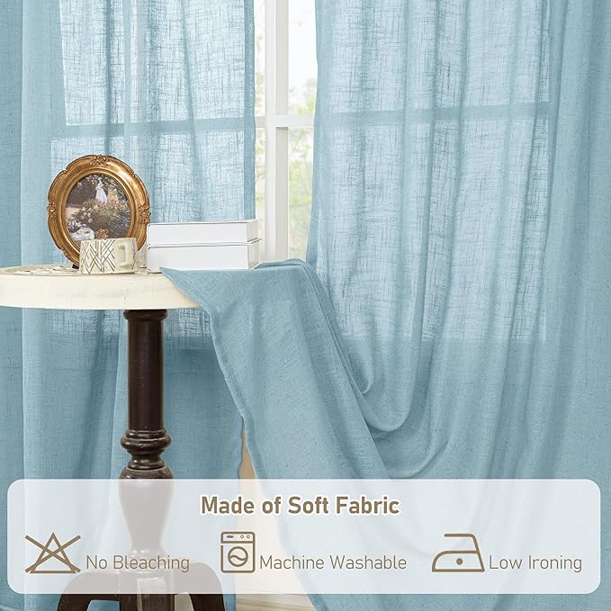 LAMIT 40 Inch Length Linen Curtains for Small Windows, Semi Sheer Light Filtering Panels Back Tab and Rod Pocket Country Decor Drapes for Basement/Kitchen, Stone Blue, 2 Panels, 34 x 40 Inch