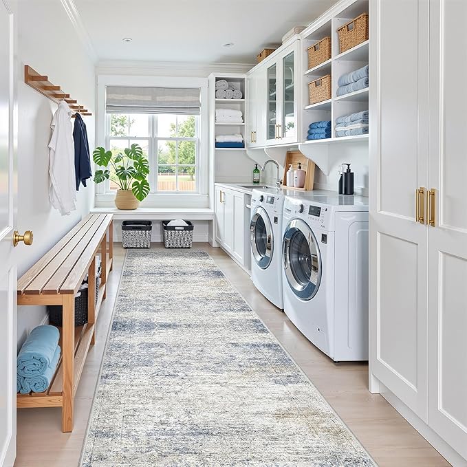Kitchen Runner Rugs Non Skid Washable - 2.5 x 10 Runner Rug with Anti Slip Backing, Ultra-Thin Soft Rug Runner for Hallway, Bedroom, Living Room (2.5'x10', Blue/Brown/Ivory)