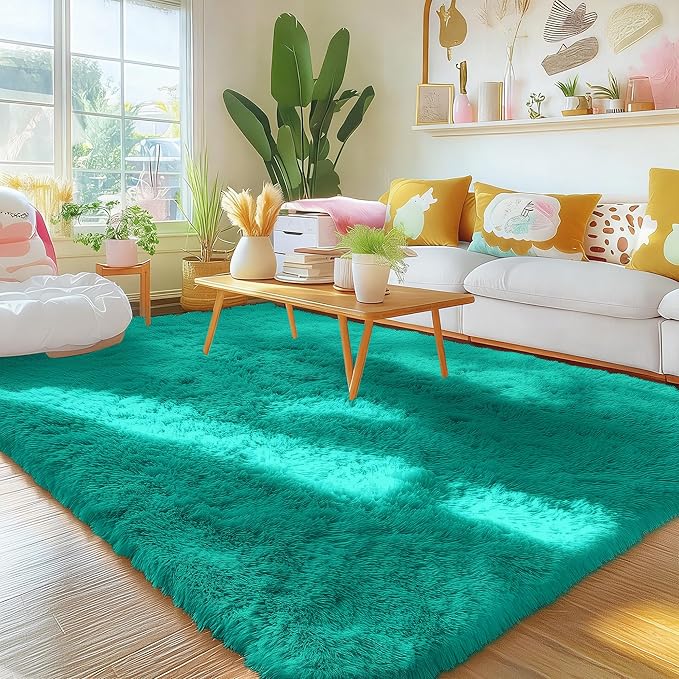 OLANLY Area Rugs for Living Room Bedroom, Machine Washable 4x5.9 ft Soft Fluffy Shaggy Bedside Rug, Indoor Floor Carpet for Kids Girls and Boys, Dorms, Nursery Rooms, Home Decor Aesthetic, Teal Green