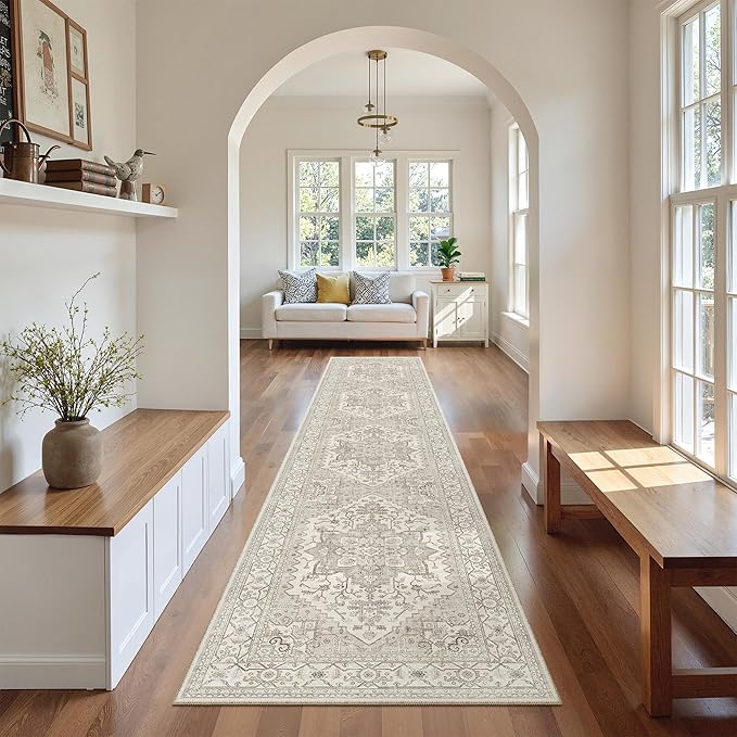 Madane Runner Rugs for Hallway 2x10 Long Washable Non-Slip Hallway Runner Rug Low-Pile Stair Kitchen Runner Soft Throw Carpet for Entrance Living Dining Laundry Room (Beige/Brown, 2 x 10)