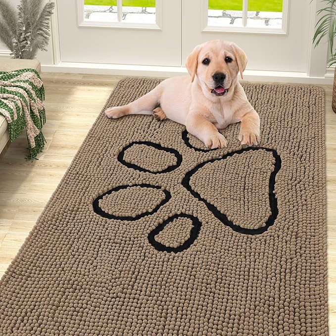 Smiry Dog Door Mat for Muddy Paws, Absorbent Dirt Trapper Non Slip Quick Dry Washable Chenille Mat for Mud Dogs, Entry Rug for Indoor and Outdoor (59x35 Inches, Camel and Black)