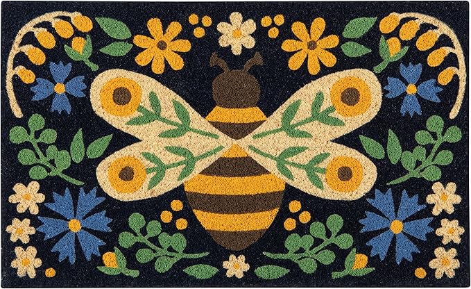 Now Designs Bee Garden Doormat, 18x30in, Coir Fiber with Vinyl Backing, Fade Resistant, Folk Art-Inspired Design