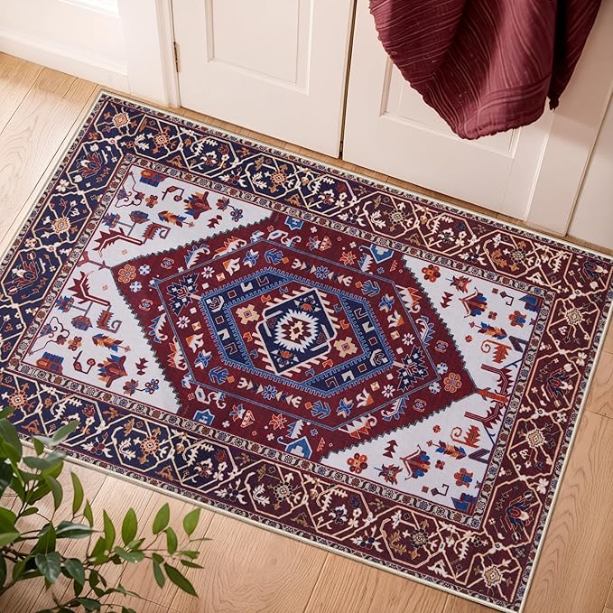 SERISSA Boho Rugs for Entryway, 2x3 Washable Non-Slip Rug Small Area Rug, Ultra Soft Oriental Vintage Burgundy Navy Low-Pile Indoor Door Mat Floor Carpet for Entrance Bedroom Kitchen Bathroom