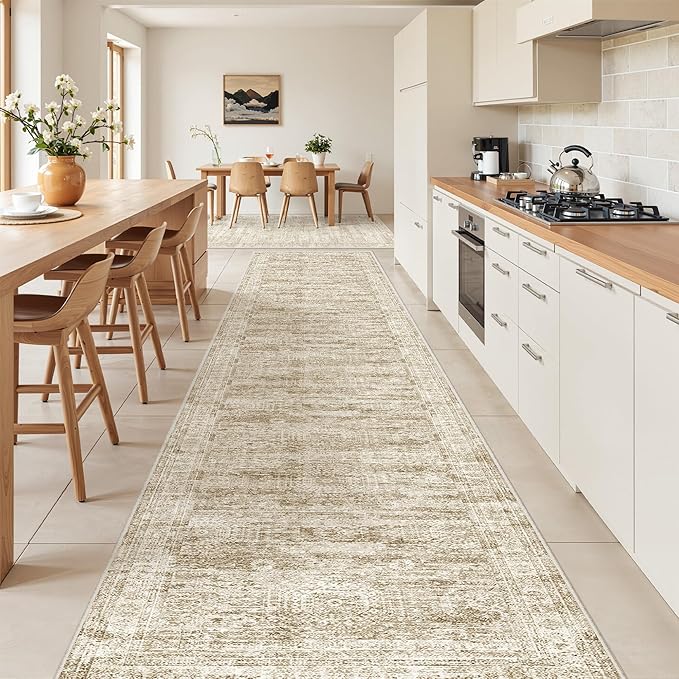 Washable Runner Rug 2.5x16, Non-Slip Long Hallway Runner for Entryway, Soft Vintage Kitchen Mats for Floor, Abstract Dining Room, Bedroom, Living Room Rugs(2.5'x16', Brown/Ivory)