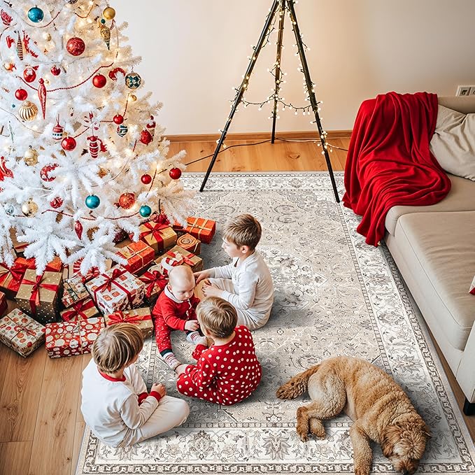 4x5 Living Room Area Rugs: Washable Farmhouse Bedside Rugs Non Slip Low Pile Vintage Small Carpet for Kitchen Bedroom Non-Shedding Printed Floor Mat for Nursery Room Office Dining Room(4x5，Beige)