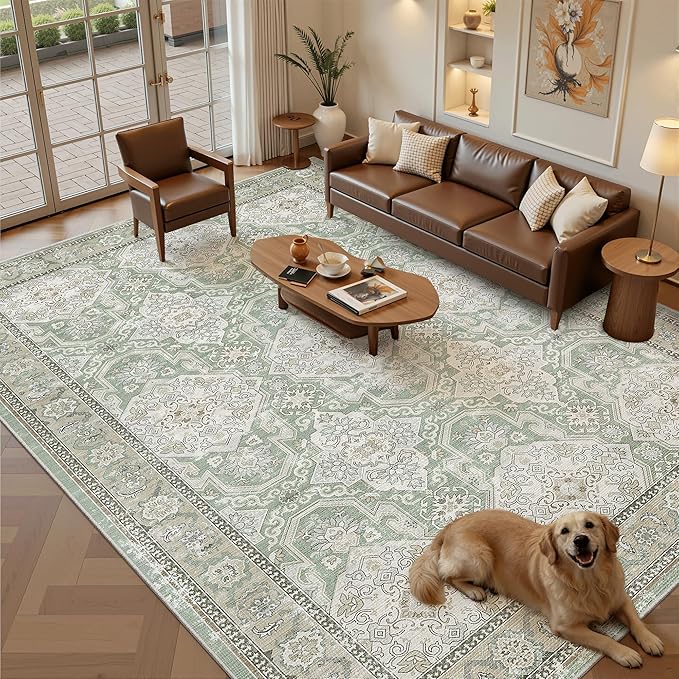 8x10 Area Rugs, Washable Rugs, Large Stain Resistant Area Rug for Living Room Bedroom Dining Room, Vintage Farmhouse Rug Green