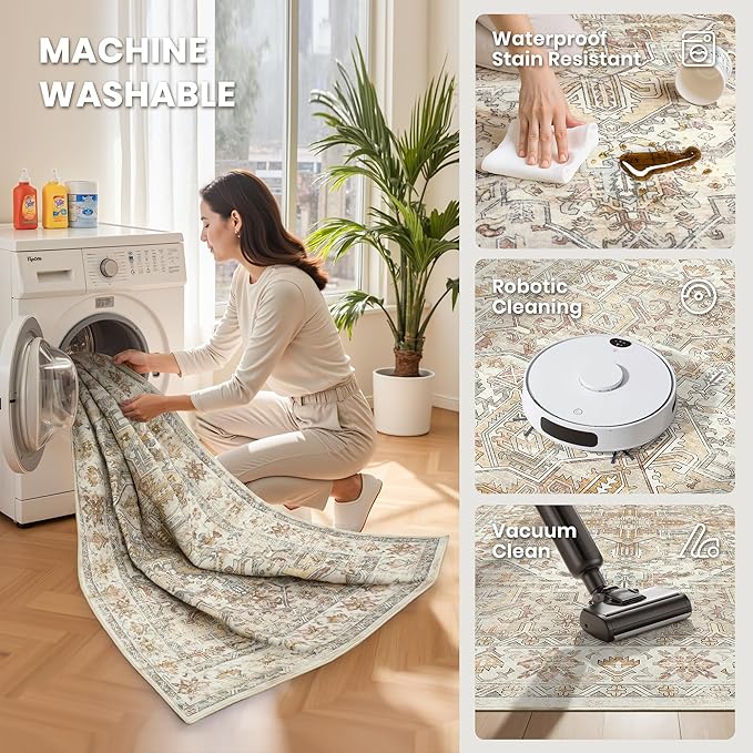 zesthome 5x7 Washable Rug-Stain Resistant Area Rugs for Living Room, Ultra-Thin Vintage Rugs, Non-Slip Backing Rug, Low Pile Large Area Rug, Boho Home Decor