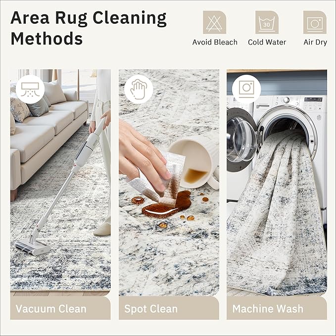 Washable Area Rug 8x10, Large Soft Rugs for Living Room Vintage 8x10 Area Rugs for Bedroom Dining Room Non-Slip Stain Resistant Under Table Blue Ivory Rug