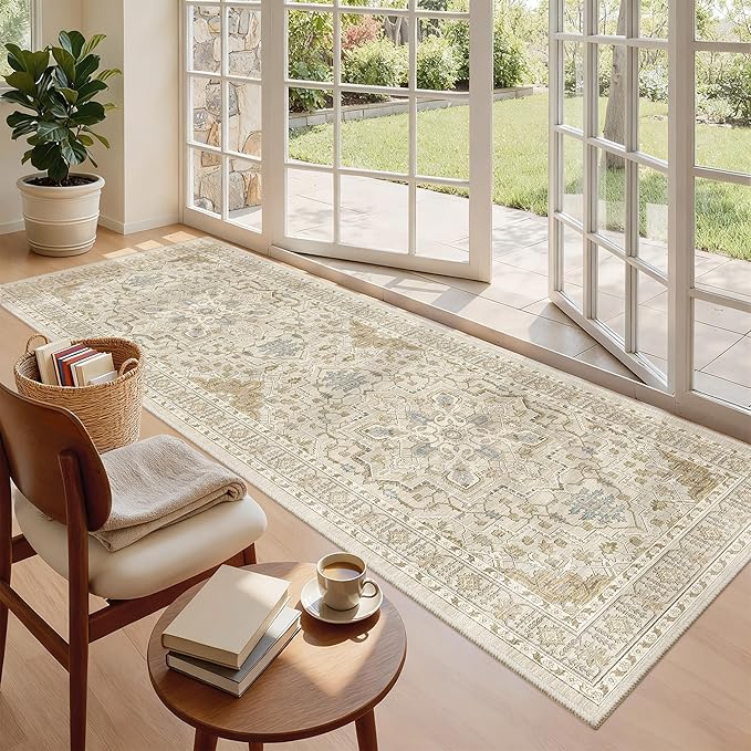 Madane Hallway Runner 3x8, Kitchen Rugs Washable Entryway Rug 8ft Vintage Kitchen Runners Non Slip Indoor Area Rug Farmhouse Carpet Runner for Bathroom Living Room Bedroom (3 X 8, Beige/Blue)