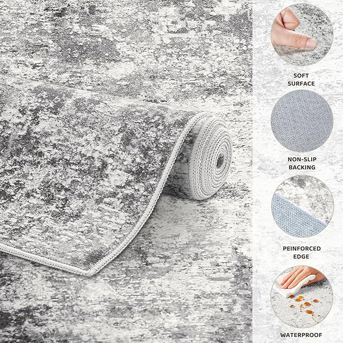 2x3 Entryway Area Rug: Washable Neutral Modern Abstract Small Rug - Non-Slip Low Pile Throw Indoor Carpet for Entrance Kitchen Front Door Mat Bathroom Entry Kids Room - Grey