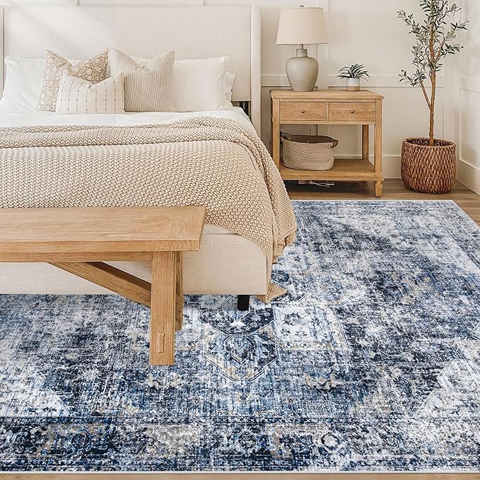 Area Rug 6x9 Washable Rug, Vintage Boho Medallion Rugs Non-Slip Soft Low Pile Large Distressed Rug Indoor Retro Carpet for Living Room Bedroom Dining Room Home Office (Blue, 6'x9')