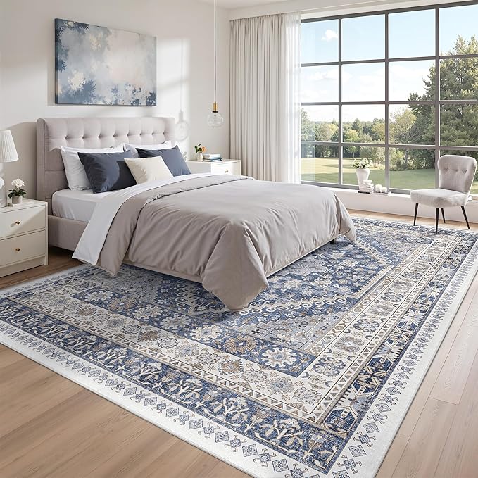 zesthome 8x12 Area Rugs,Stain Resistant Washable Rug,Ultra-Thin Rugs for Living Room,Bedroom,Non-Slip Backing Home Decor Large Area Rug (Blue/Beige,8'x12')