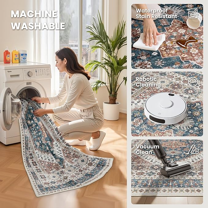 zesthome 6x9 Area Rug, Super Soft Washable Rugs for Living Room, Non-Slip Stain Resistant Vintage Rugs, Ultra-Thin Large Area Rugs (Navy Blue/Red,6'x9')