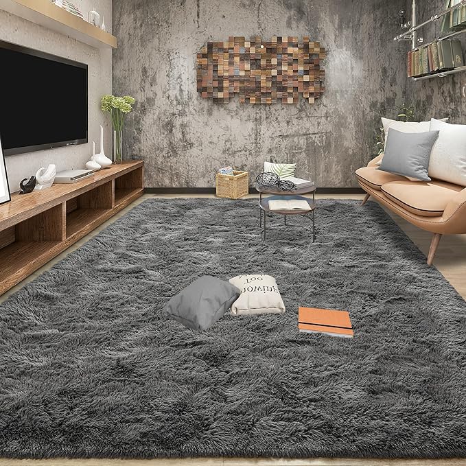 Tepook Area Rugs 9x12 for Living Room, Super Soft Fluffy Rugs for Bedroom, Modern Shaggy Rug Fuzzy Carpets for Kids, Plush Indoor Nursery Home Decor Rug with Non-Slip Bottom, Dark Grey