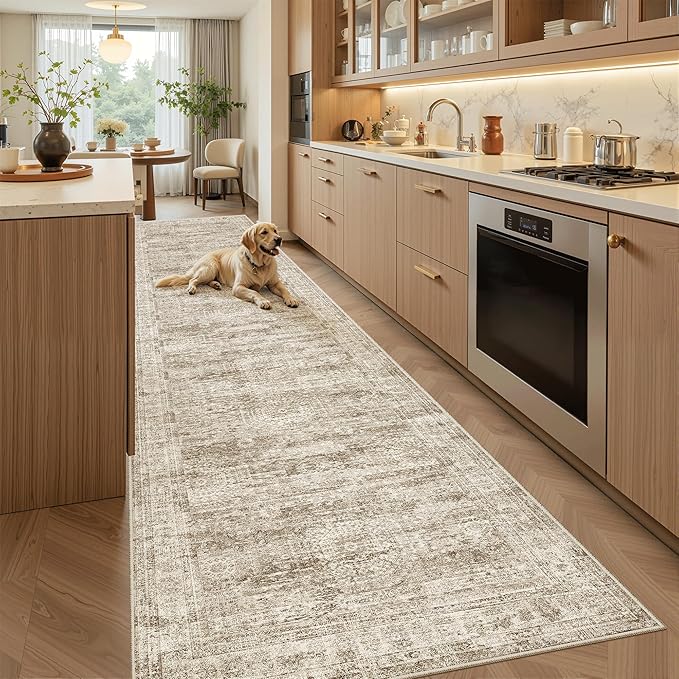 Runner Rug 3x12 Washable Non-Slip Hallway Runner Rugs for Kitchen Bathroom Laundry Room Brown Vintage Floor Carpet Runners for Hallways Entryway