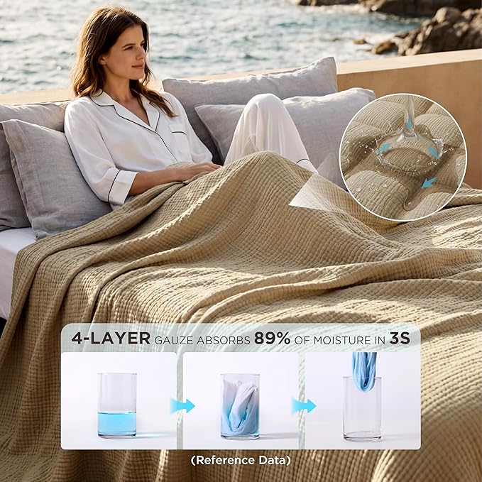 Bedsure 100% Cotton Muslin Blanket Queen Size for Bed - 4-Layer Breathable and Lightweight Thin Soft Summer Gauze Muslin Blankets for Adults, Light Brown, 90x90 Inches