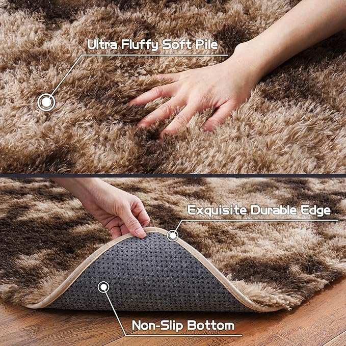 Pionblank Large Area Rug for Living Room 10x14, Fuzzy Modern Shag Rug Brown, Fluffy Plush Non Slip Soft Furry Carpet for Bedroom Kids Room Nursery Teens Dorm Home, Tie-Dyed Coffee