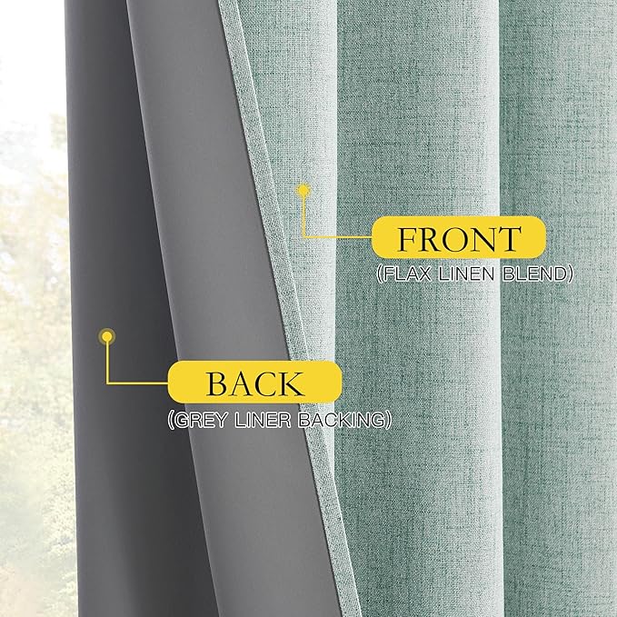 NICETOWN 100% Absolutely Blackout Linen Curtains with Thermal Insulated Liner, Seafoam Green, 62" Wide, 108" Length Energy Saving Curtains for Living Room 2 Panels Set, Vertical Blinds
