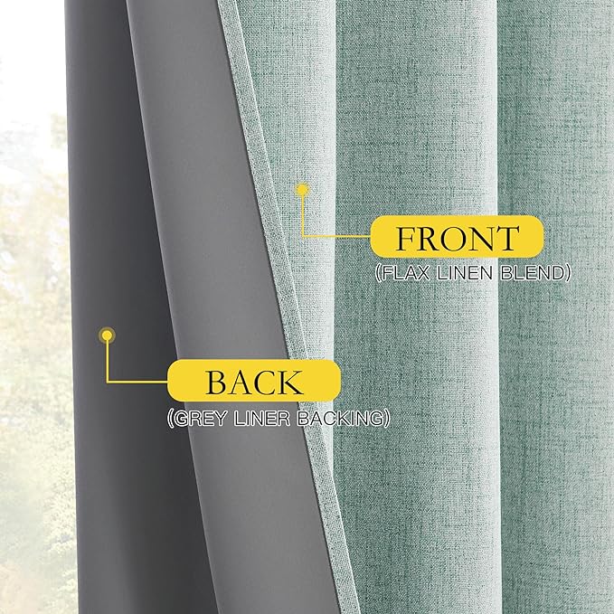 NICETOWN 100% Absolutely Blackout Linen Curtains with Thermal Insulated Grey Liner, Seafoam Green, 52 inches Wide, 63 inches Length Energy Saving Curtains for Bedroom 2 Panels Set, Vertical Blinds
