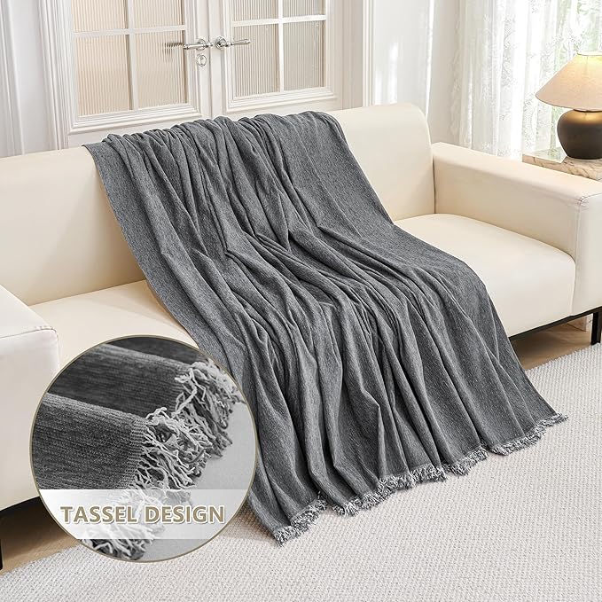 MYSKY HOME Loveseat Cover Charcoal Gray Couch Cover Sectional Couch Covers for 2 Cushion Couch Sofa Thick Universal Chenille Sofa Cover with Tassel Durable Furniture Protector for Dogs 91" x 118"