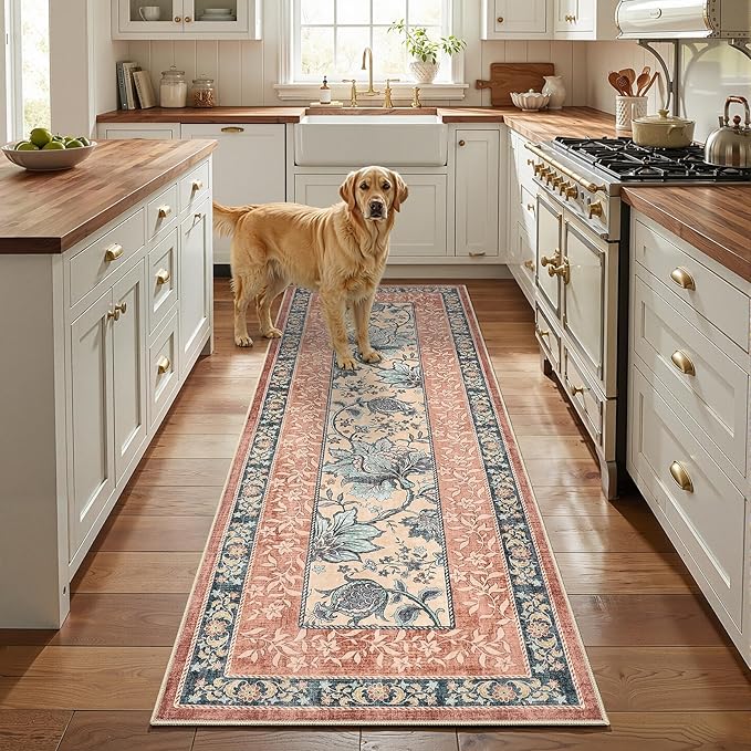 GarveeHome Terracotta Teal 8x10 Area Rugs for Living Room, Botanical Grove Cottagecore Washable Rug for Bedroom Dining Nursery Low-Pile Vintage Large Carpet