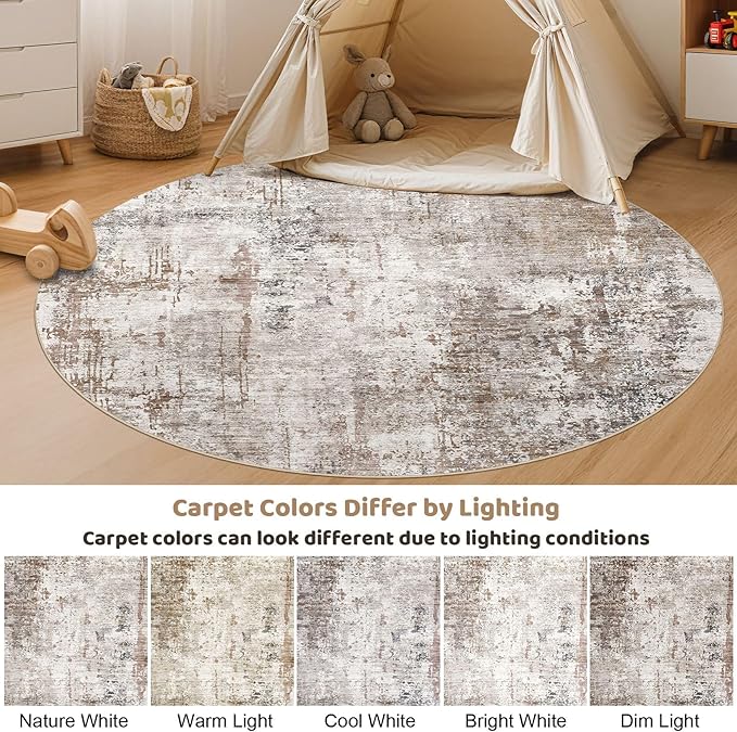 UERMEI 6ft Round Area Rug Living Room Rugs - 6x6 Washable Neutral Modern Abstract Soft Thin Rug Indoor Floor No Slip Rug Carpet for Bedroom Under Dining Table Home Office Decor - Brown/Grey/Red